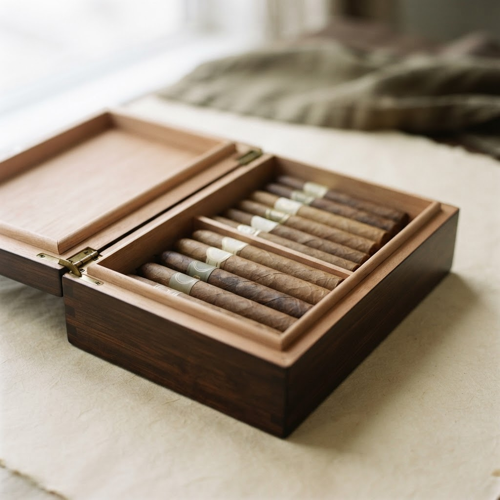 An open Spanish cedar humidor with neatly arranged rows of cigars